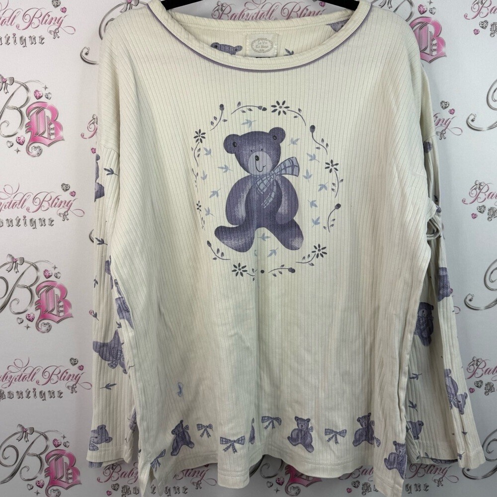 La Vie En Rose shirt vintage Long Sleeve Tee - Cream with Purple Bear Design